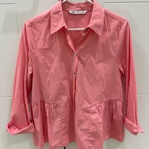 Zara Pink Button Down Shirt With Ruffle Detail